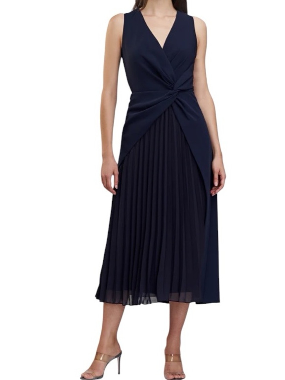 Womenās Navy Sleeveless Twist Waist Pleated Petra Tea Midi Dress New size 8